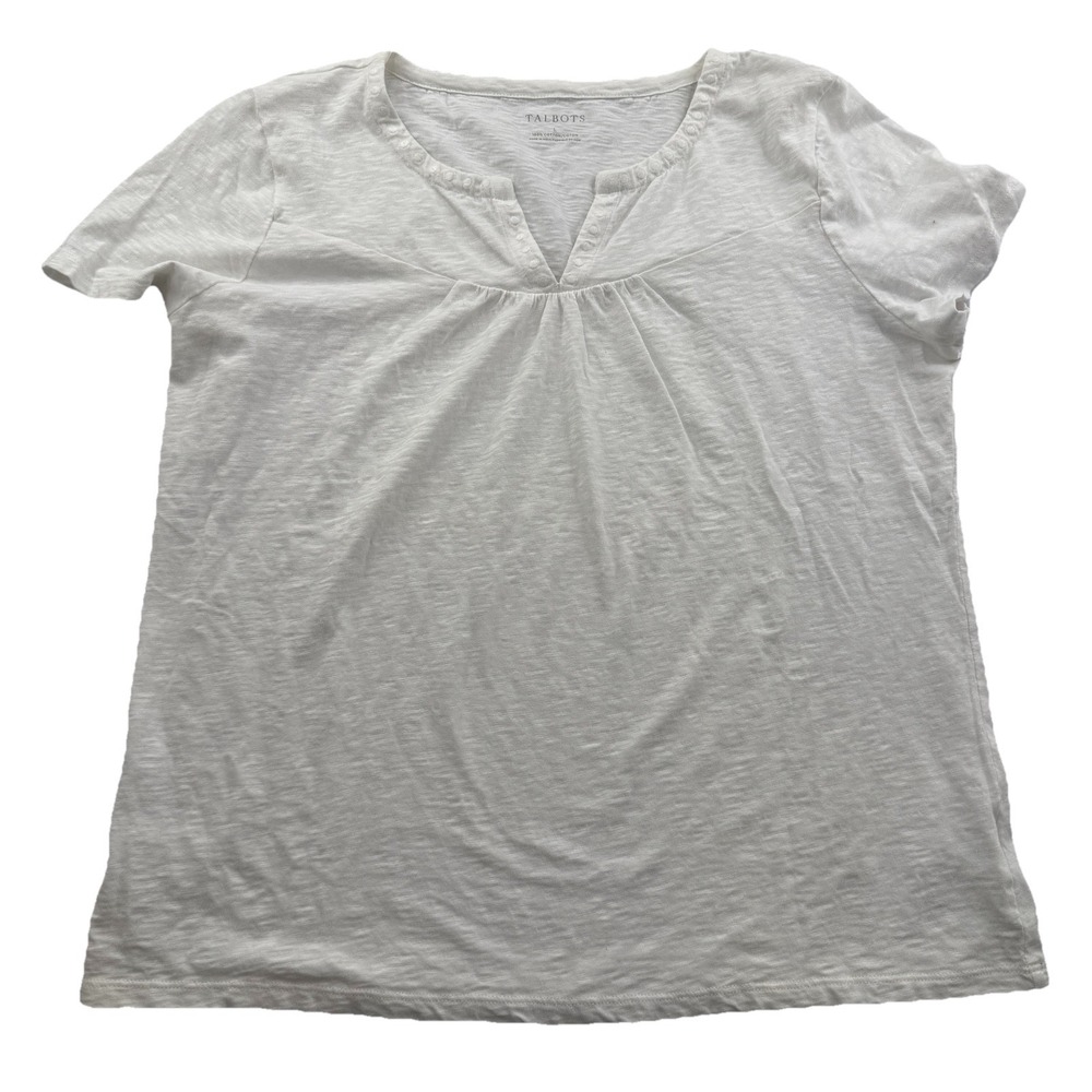 Talbots Women's Top Size L White 100% Cotton Short Sleeve Split Neck Slub Tee